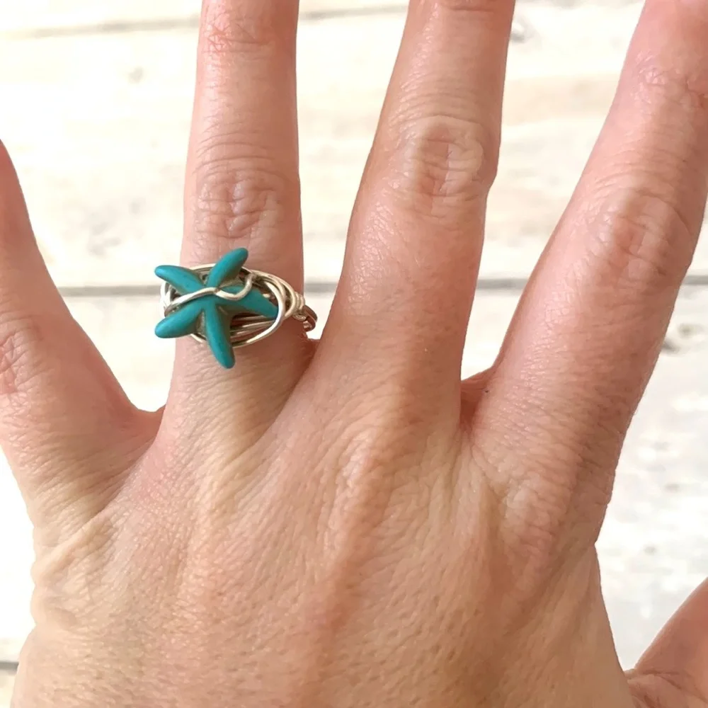 Turquoise Star Stone Ring Women’s Jewelry Teal Blue Silver Band Size 6
